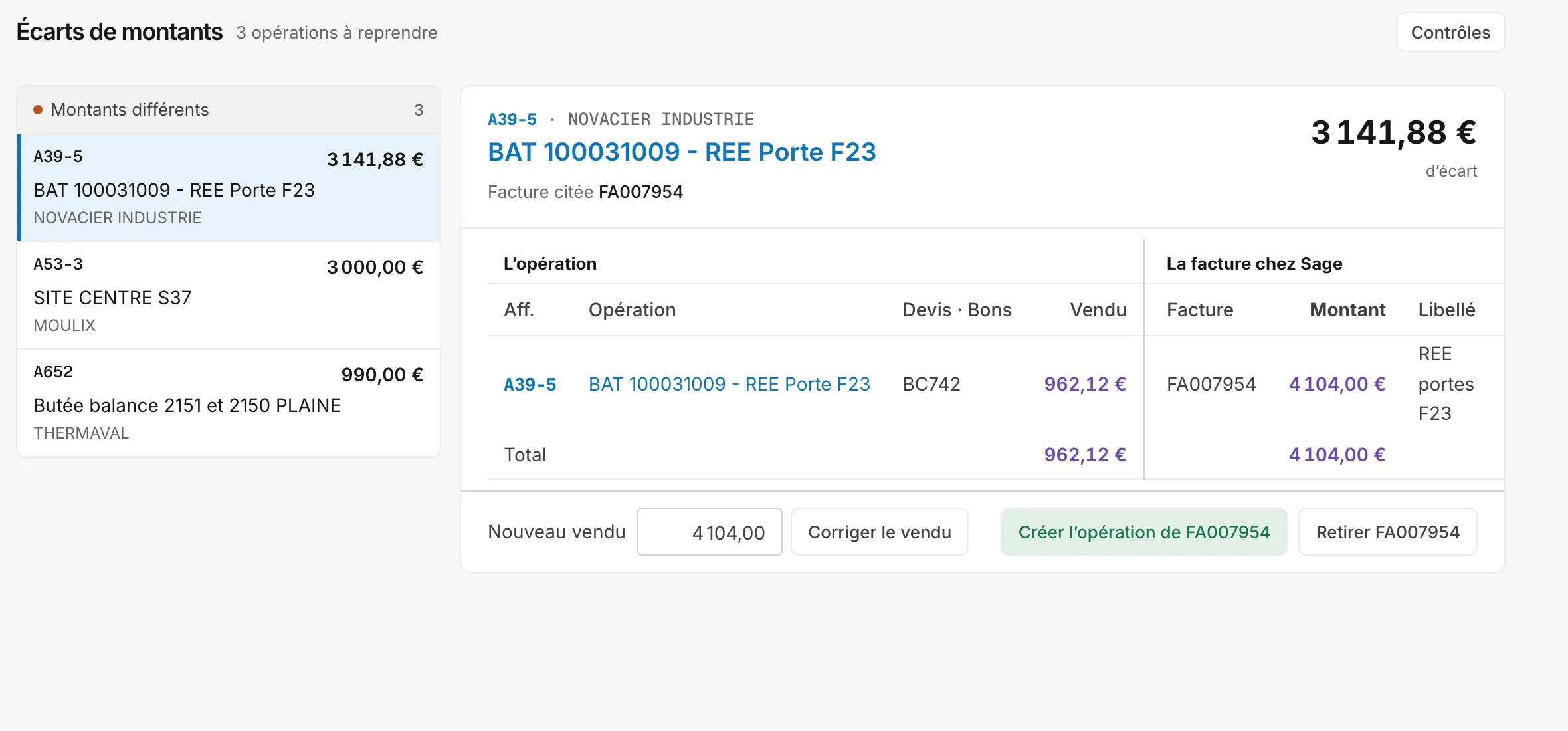 Un écart entre le vendu d'un chantier et sa facture en comptabilité