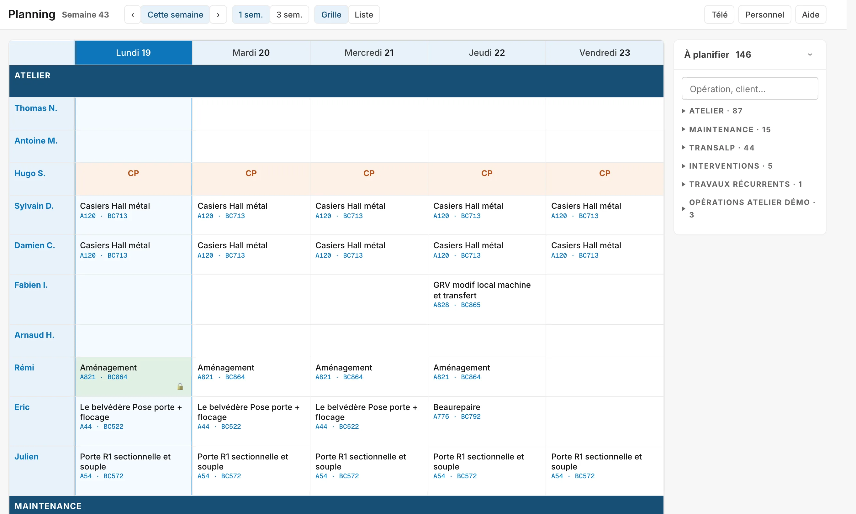 Le planning de la semaine, une ligne par personne